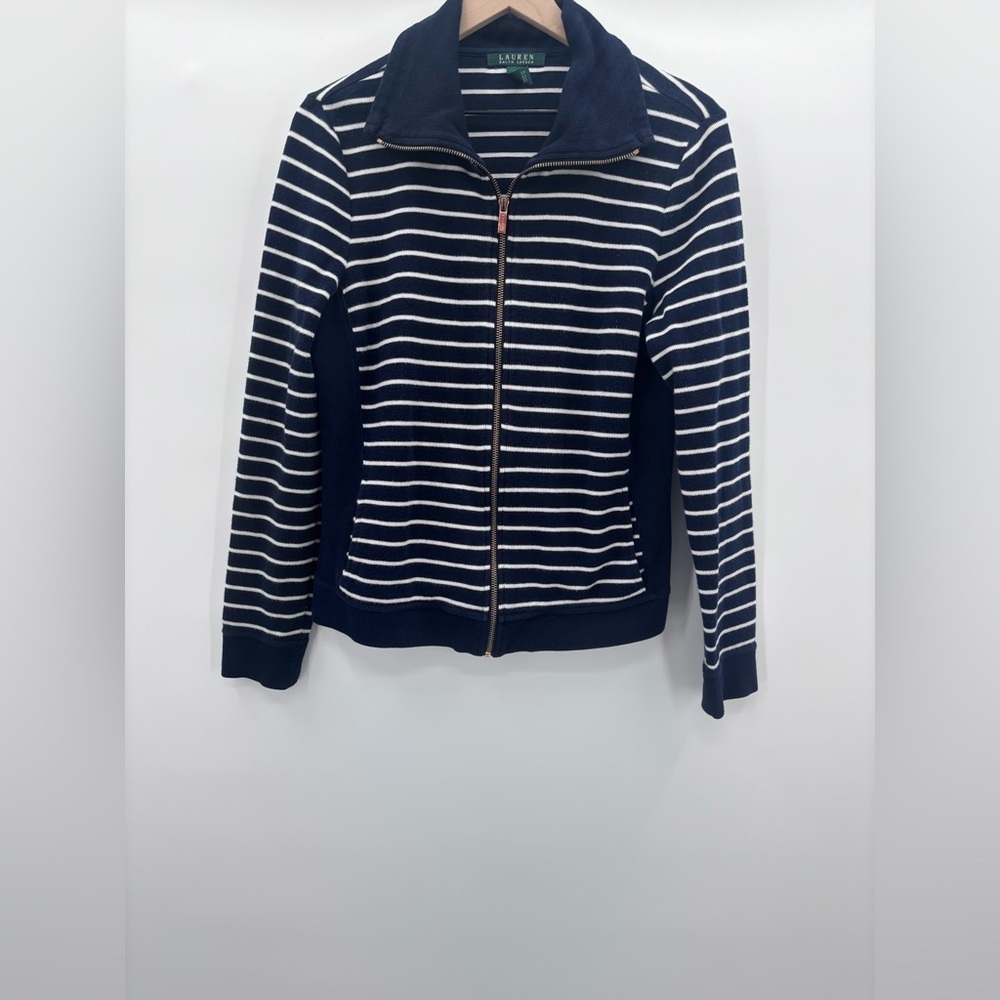 Ralph Lauren Women’s Navy and White Striped Full-Zip Sweater Size Large